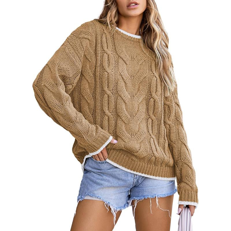 EVALESS Women'S Chunky Cable Knitwear Sweaters,Crewneck Long Sleeve Solid Color Pullover Sweater,Lady Casual Loose Fit Sweater Fall Winter Outfits,2025 Fashion Womenswear