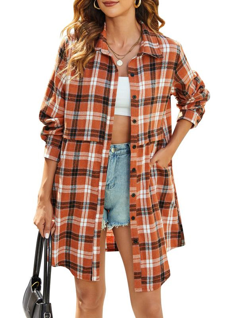 HOTOUCH Womens Flannel Plaid Shirts Roll up Long Sleeve Collared Button down Boyfriend Shirts with Pockets Blouse Casual Cotton Top Womenswear Check Dress Elegant Lightweight Loose