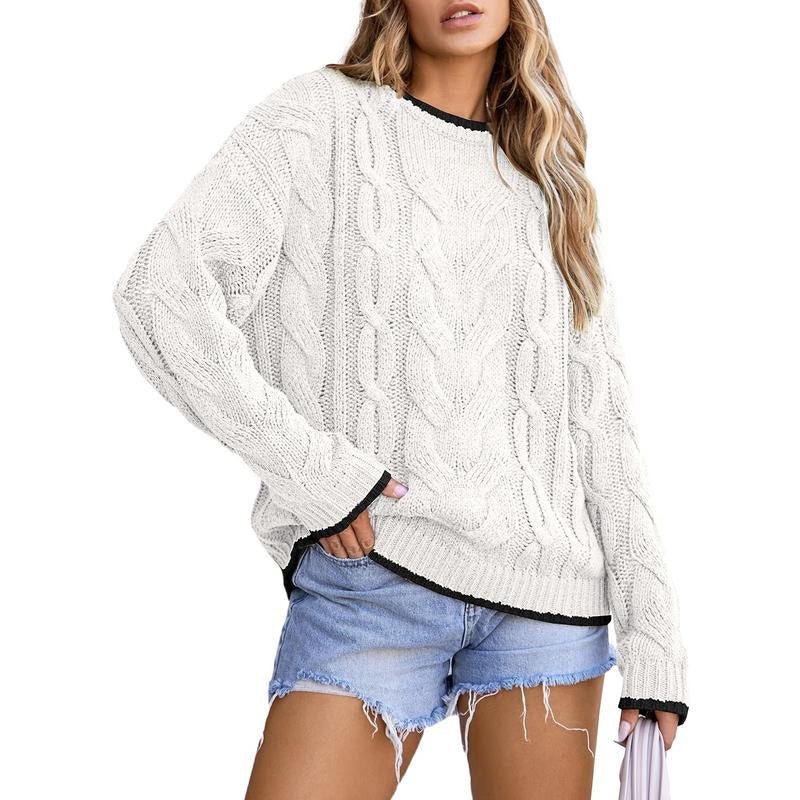 EVALESS Women'S Chunky Cable Knitwear Sweaters,Crewneck Long Sleeve Solid Color Pullover Sweater,Lady Casual Loose Fit Sweater Fall Winter Outfits,2025 Fashion Womenswear
