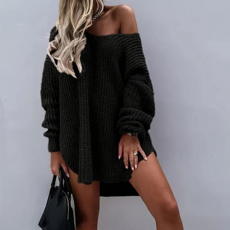 Women'S Slit Hem Drop Shoulder Sweater, New Autumn and Winter Knitted Top, Can Be Worn as a Skirt, One-Shoulder Sweater, Deep V-Neck Top, Personality Often Women'S Clothing,Engagement Bride Crewneck Sweatshirt