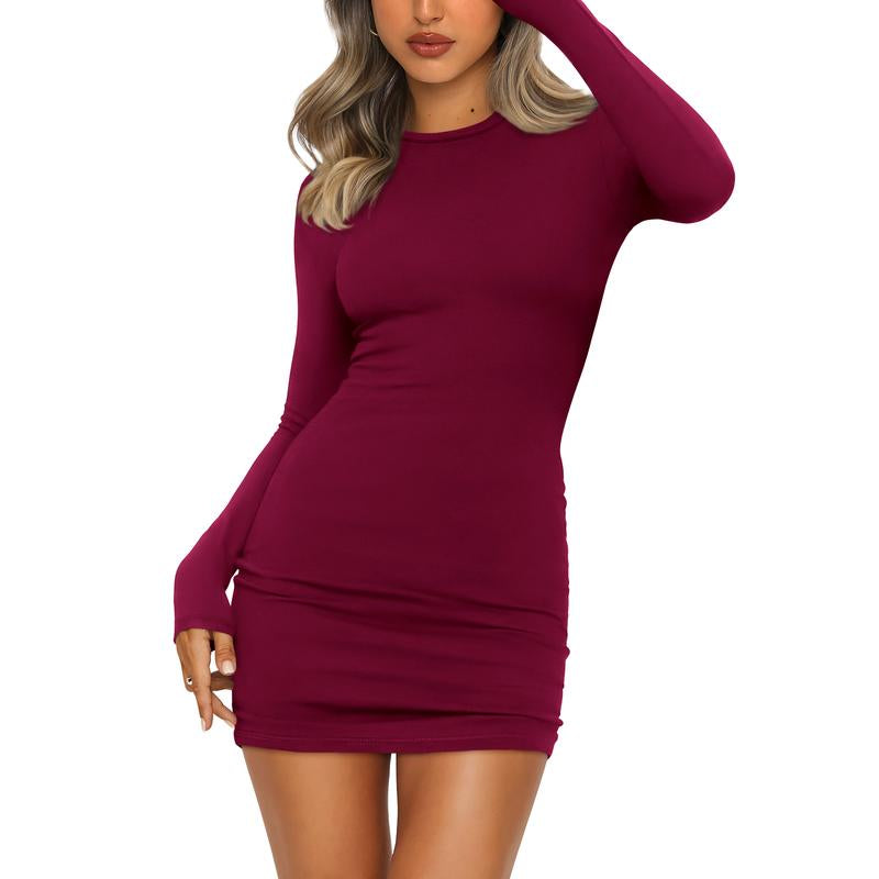 BTFBM Women'S Fall Fashion 2025 Long Sleeve Boat Neck Mini Dress - Slim Fit Bodycon Dresses for Casual Wear - Womenswear