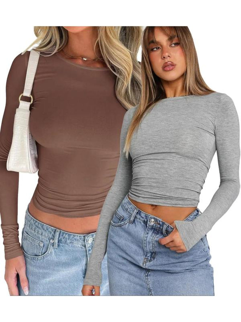 Women'S New Trendy round Neck Long Sleeve Crop Tee, Casual Crew Neck T-Shirt, Summer Outfits 2024, Women'S Slim-Fitting Top for Band Club Music Festival Dating Daily Wear