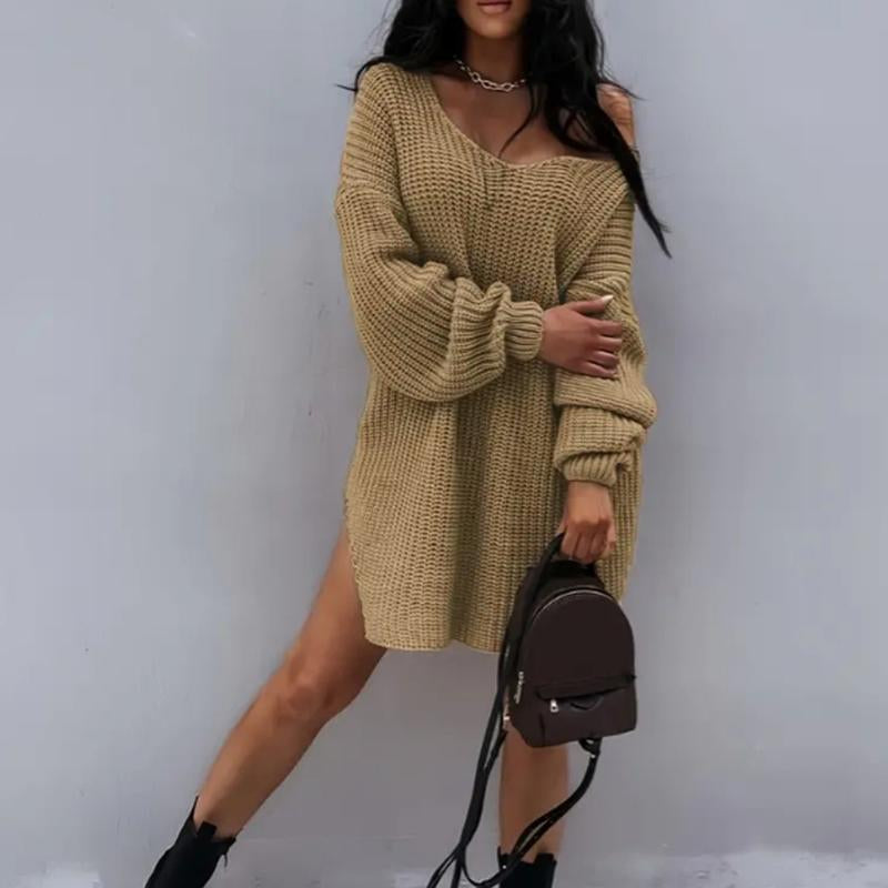 Women'S Slit Hem Drop Shoulder Sweater, New Autumn and Winter Knitted Top, Can Be Worn as a Skirt, One-Shoulder Sweater, Deep V-Neck Top, Personality Often Women'S Clothing,Engagement Bride Crewneck Sweatshirt