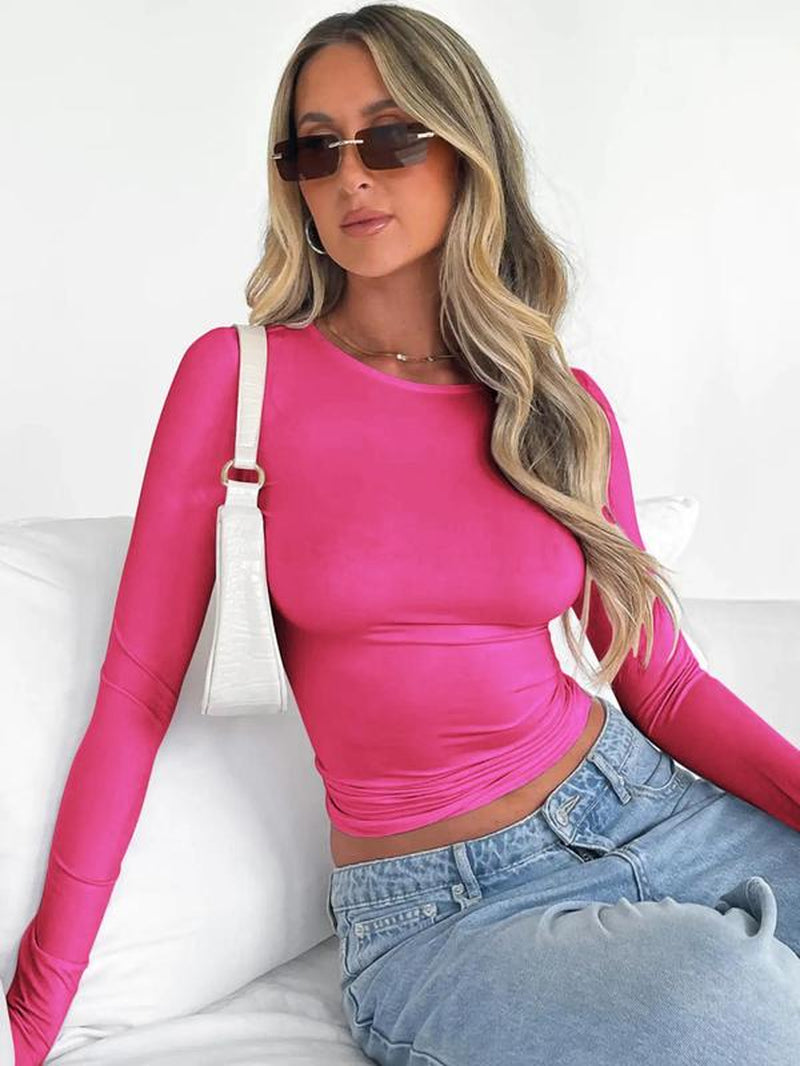 Women'S New Trendy round Neck Long Sleeve Crop Tee, Casual Crew Neck T-Shirt, Summer Outfits 2024, Women'S Slim-Fitting Top for Band Club Music Festival Dating Daily Wear