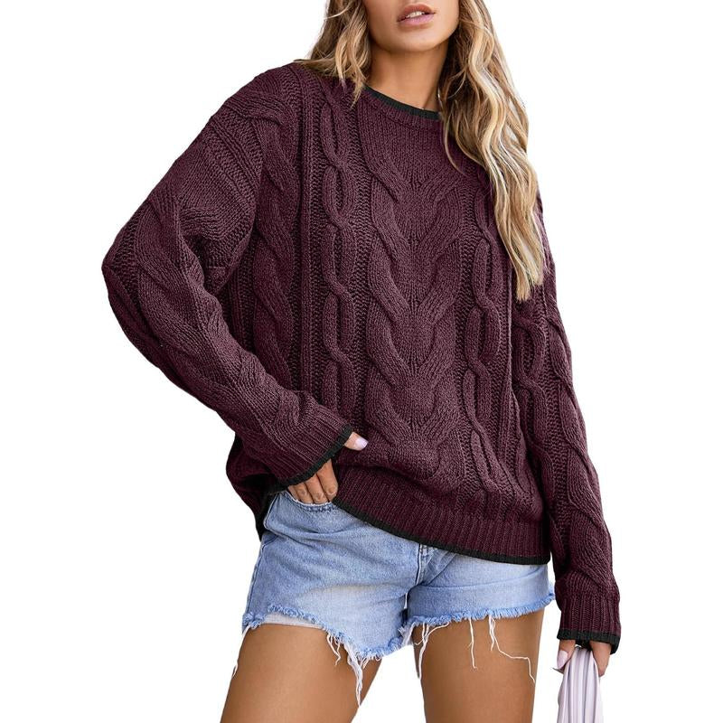 EVALESS Women'S Chunky Cable Knitwear Sweaters,Crewneck Long Sleeve Solid Color Pullover Sweater,Lady Casual Loose Fit Sweater Fall Winter Outfits,2025 Fashion Womenswear