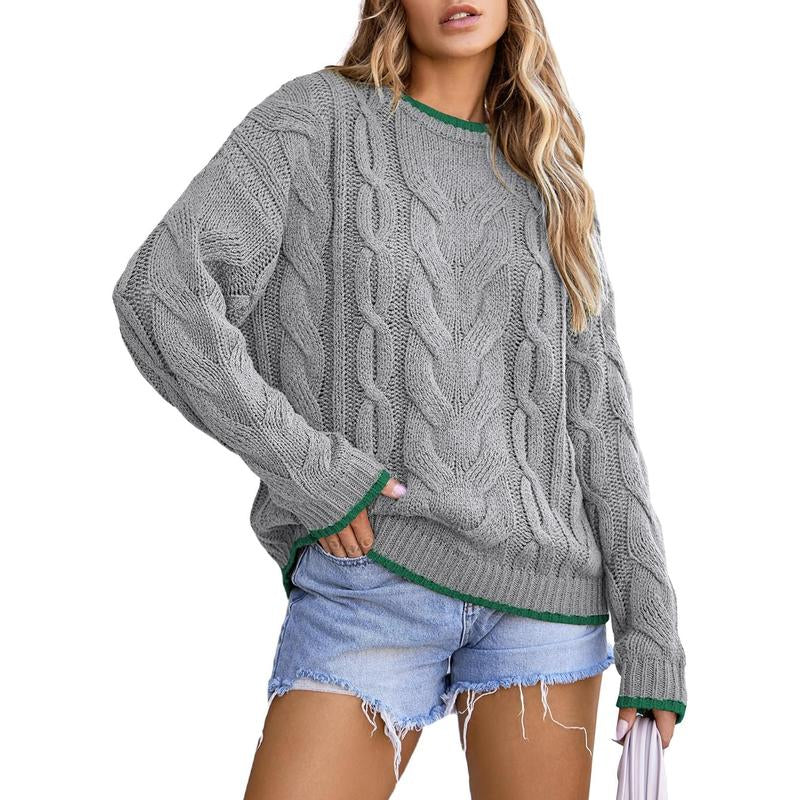 EVALESS Women'S Chunky Cable Knitwear Sweaters,Crewneck Long Sleeve Solid Color Pullover Sweater,Lady Casual Loose Fit Sweater Fall Winter Outfits,2025 Fashion Womenswear