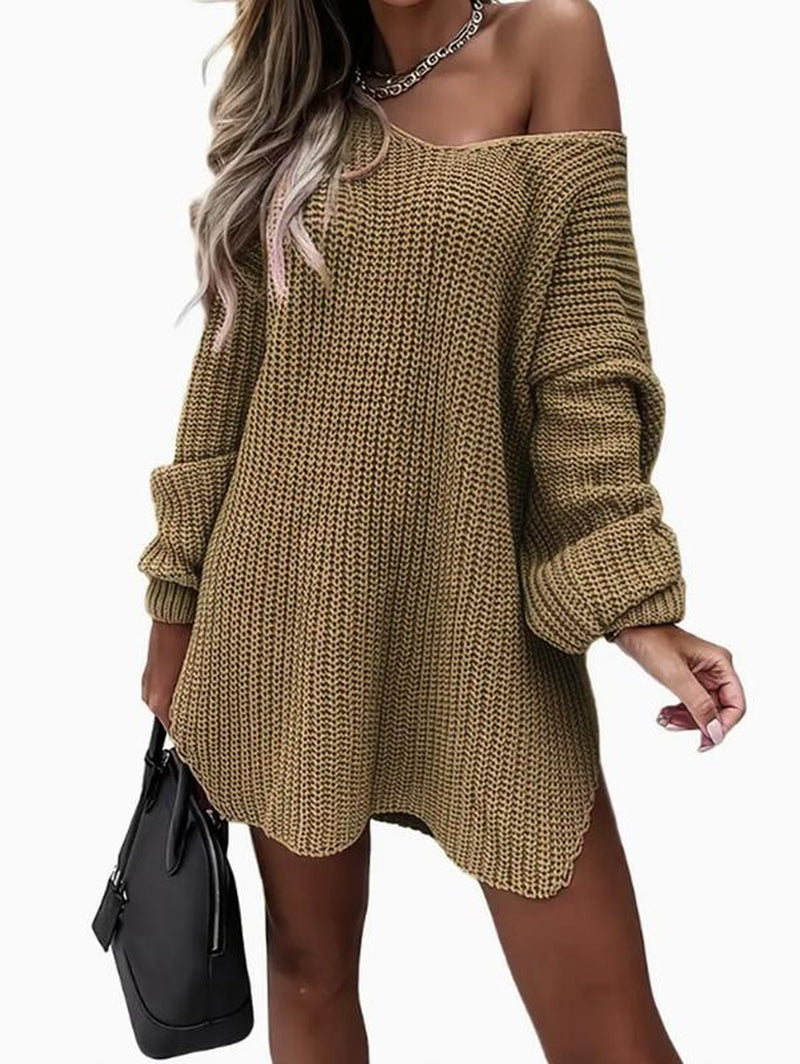 Women'S Slit Hem Drop Shoulder Sweater, New Autumn and Winter Knitted Top, Can Be Worn as a Skirt, One-Shoulder Sweater, Deep V-Neck Top, Personality Often Women'S Clothing,Engagement Bride Crewneck Sweatshirt