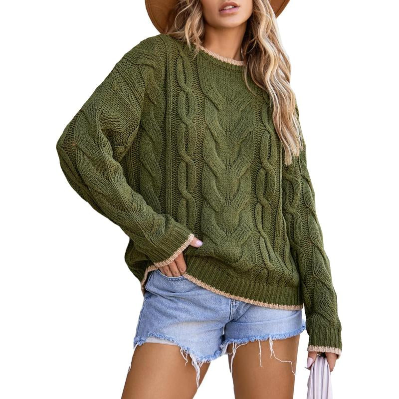 EVALESS Women'S Chunky Cable Knitwear Sweaters,Crewneck Long Sleeve Solid Color Pullover Sweater,Lady Casual Loose Fit Sweater Fall Winter Outfits,2025 Fashion Womenswear