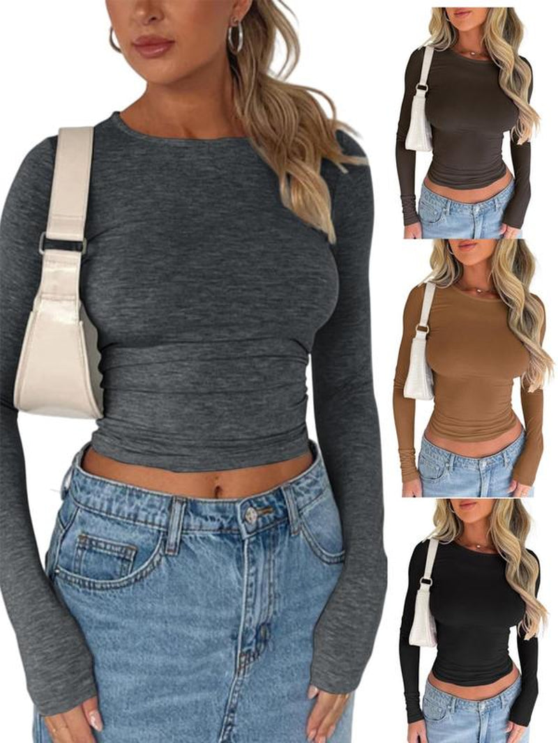 Women'S New Trendy round Neck Long Sleeve Crop Tee, Casual Crew Neck T-Shirt, Summer Outfits 2024, Women'S Slim-Fitting Top for Band Club Music Festival Dating Daily Wear