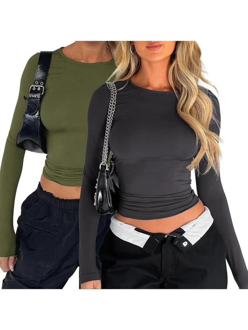 Women'S New Trendy round Neck Long Sleeve Crop Tee, Casual Crew Neck T-Shirt, Summer Outfits 2024, Women'S Slim-Fitting Top for Band Club Music Festival Dating Daily Wear