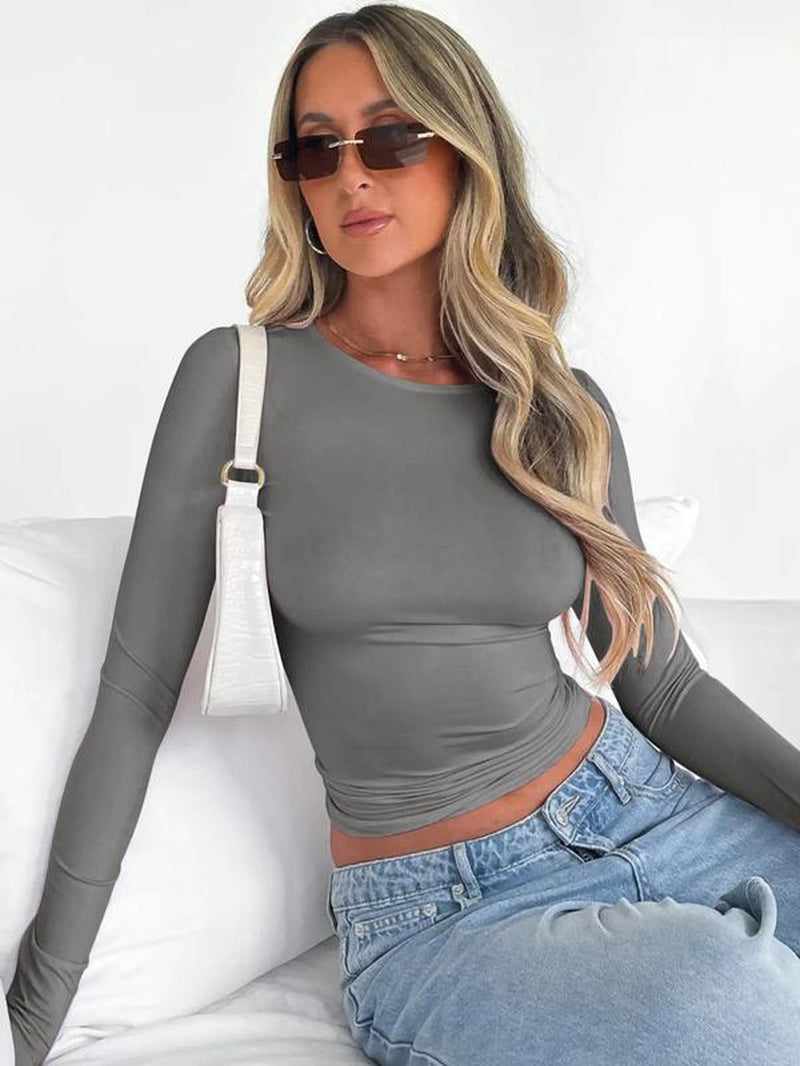 Women'S New Trendy round Neck Long Sleeve Crop Tee, Casual Crew Neck T-Shirt, Summer Outfits 2024, Women'S Slim-Fitting Top for Band Club Music Festival Dating Daily Wear
