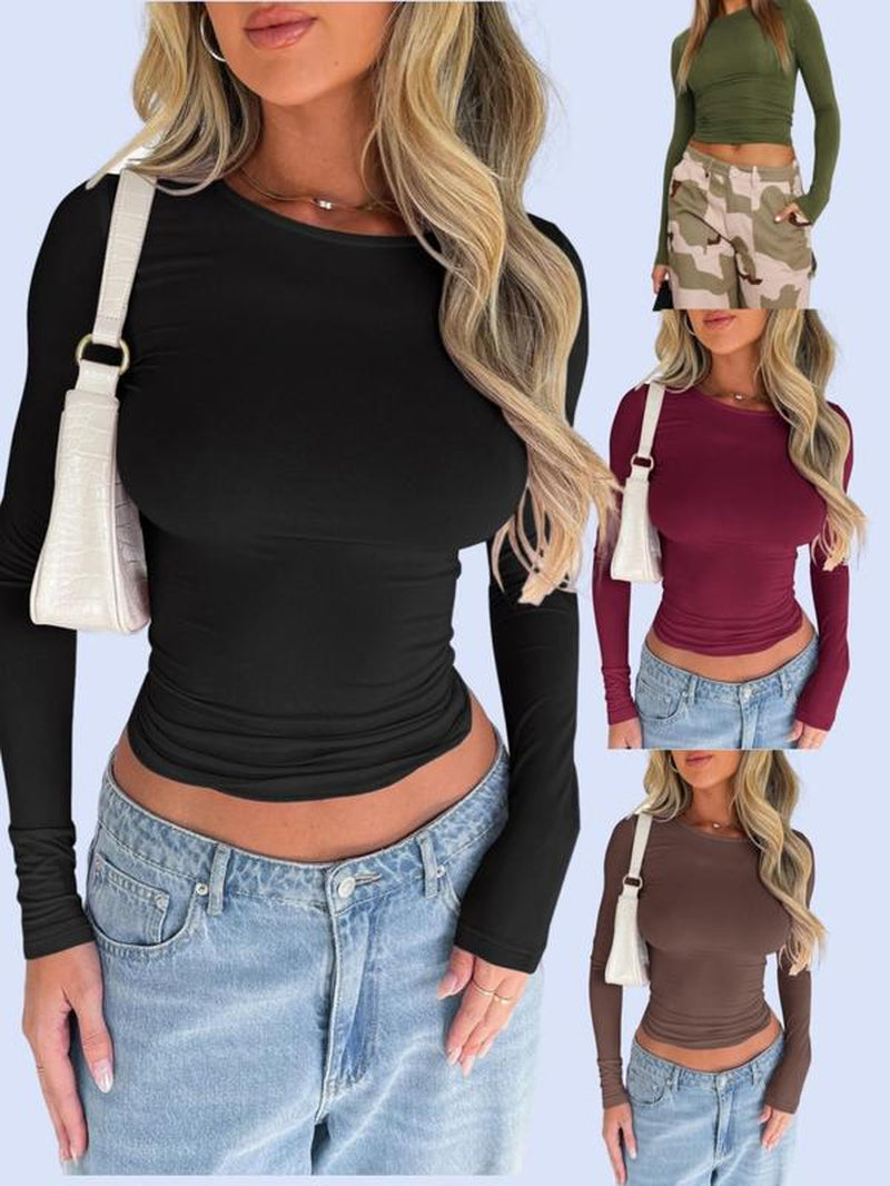 Women'S New Trendy round Neck Long Sleeve Crop Tee, Casual Crew Neck T-Shirt, Summer Outfits 2024, Women'S Slim-Fitting Top for Band Club Music Festival Dating Daily Wear