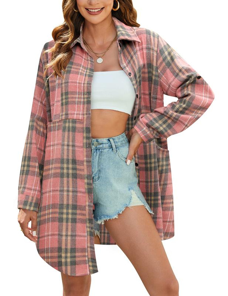 HOTOUCH Womens Flannel Plaid Shirts Roll up Long Sleeve Collared Button down Boyfriend Shirts with Pockets Blouse Casual Cotton Top Womenswear Check Dress Elegant Lightweight Loose