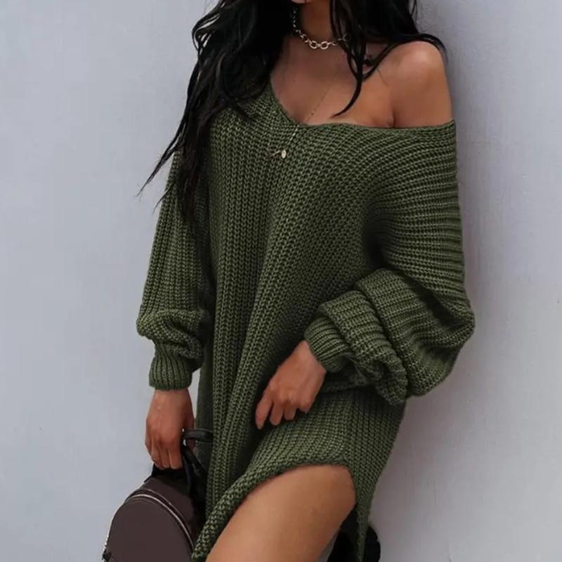Women'S Slit Hem Drop Shoulder Sweater, New Autumn and Winter Knitted Top, Can Be Worn as a Skirt, One-Shoulder Sweater, Deep V-Neck Top, Personality Often Women'S Clothing,Engagement Bride Crewneck Sweatshirt