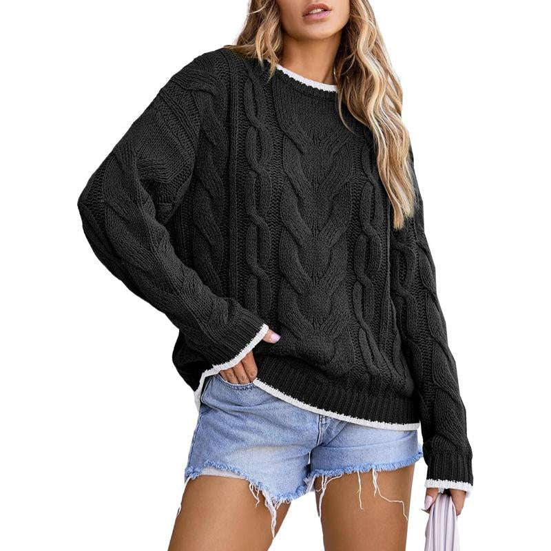 EVALESS Women'S Chunky Cable Knitwear Sweaters,Crewneck Long Sleeve Solid Color Pullover Sweater,Lady Casual Loose Fit Sweater Fall Winter Outfits,2025 Fashion Womenswear