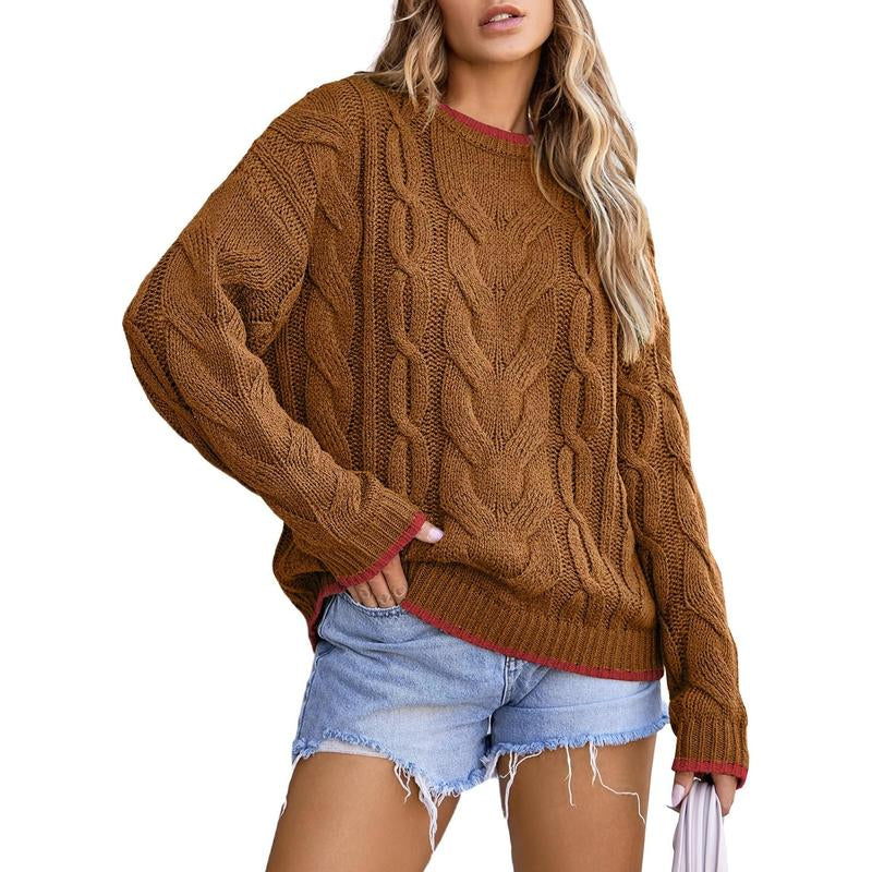 EVALESS Women'S Chunky Cable Knitwear Sweaters,Crewneck Long Sleeve Solid Color Pullover Sweater,Lady Casual Loose Fit Sweater Fall Winter Outfits,2025 Fashion Womenswear