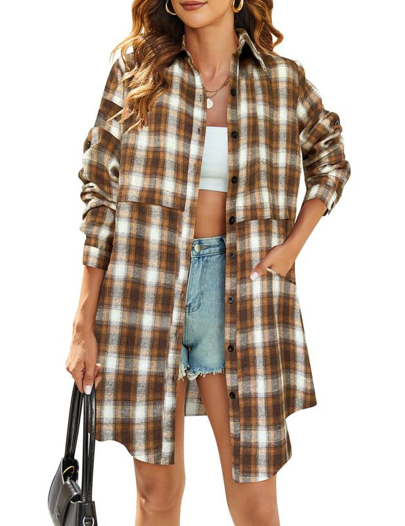 HOTOUCH Womens Flannel Plaid Shirts Roll up Long Sleeve Collared Button down Boyfriend Shirts with Pockets Blouse Casual Cotton Top Womenswear Check Dress Elegant Lightweight Loose