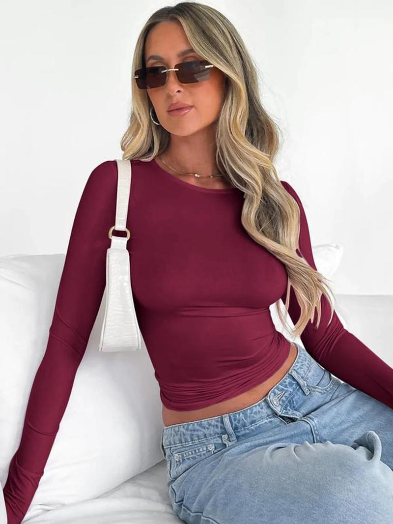 Women'S New Trendy round Neck Long Sleeve Crop Tee, Casual Crew Neck T-Shirt, Summer Outfits 2024, Women'S Slim-Fitting Top for Band Club Music Festival Dating Daily Wear