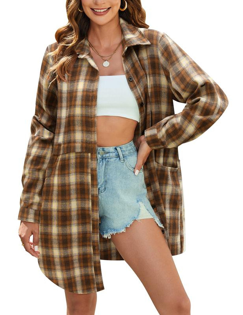 HOTOUCH Womens Flannel Plaid Shirts Roll up Long Sleeve Collared Button down Boyfriend Shirts with Pockets Blouse Casual Cotton Top Womenswear Check Dress Elegant Lightweight Loose