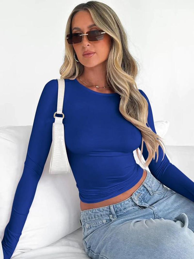 Women'S New Trendy round Neck Long Sleeve Crop Tee, Casual Crew Neck T-Shirt, Summer Outfits 2024, Women'S Slim-Fitting Top for Band Club Music Festival Dating Daily Wear