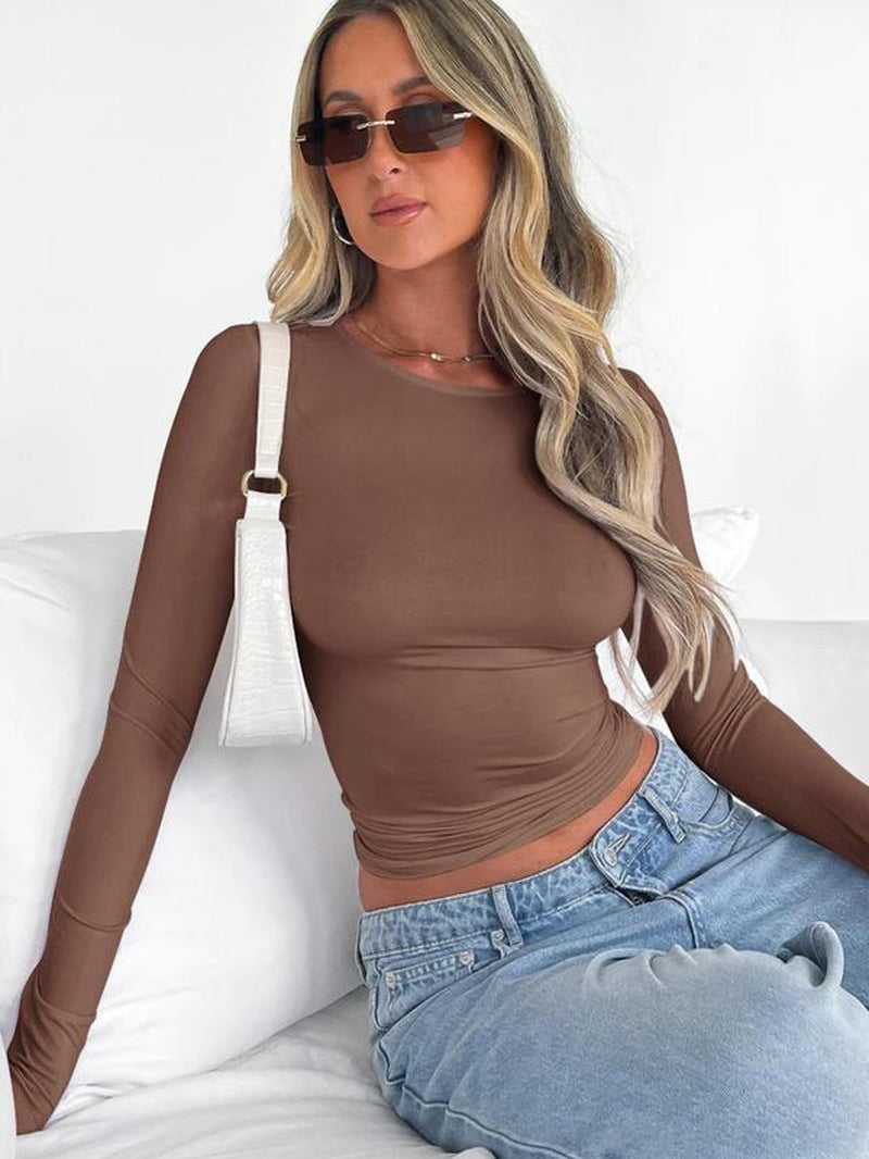 Women'S New Trendy round Neck Long Sleeve Crop Tee, Casual Crew Neck T-Shirt, Summer Outfits 2024, Women'S Slim-Fitting Top for Band Club Music Festival Dating Daily Wear