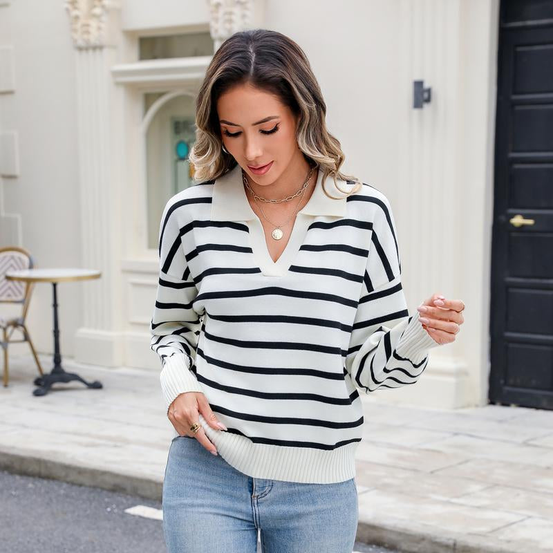 Women'S Knitting Pullovers Striped Casual Comfort Basic Long Sleeve V-Neck Sweater, Chic Lady Basic Comfort Versatile Knitwear for Daily Wear