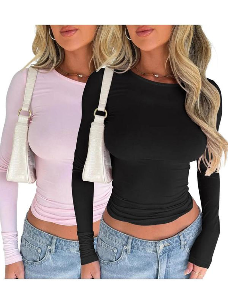 Women'S New Trendy round Neck Long Sleeve Crop Tee, Casual Crew Neck T-Shirt, Summer Outfits 2024, Women'S Slim-Fitting Top for Band Club Music Festival Dating Daily Wear