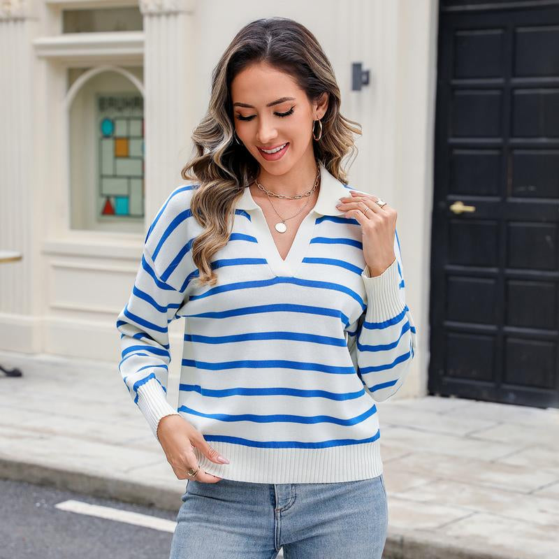 Women'S Knitting Pullovers Striped Casual Comfort Basic Long Sleeve V-Neck Sweater, Chic Lady Basic Comfort Versatile Knitwear for Daily Wear