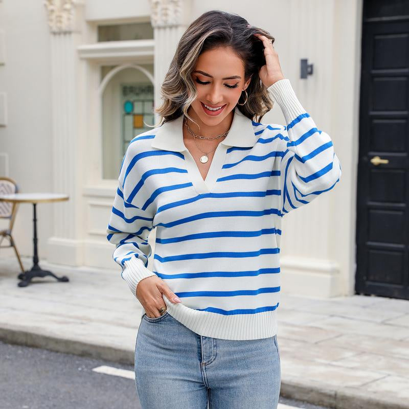 Women'S Knitting Pullovers Striped Casual Comfort Basic Long Sleeve V-Neck Sweater, Chic Lady Basic Comfort Versatile Knitwear for Daily Wear