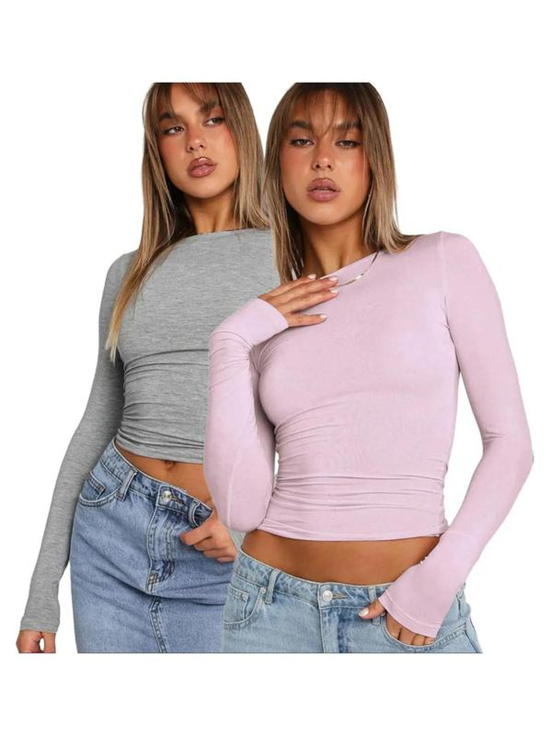 Women'S New Trendy round Neck Long Sleeve Crop Tee, Casual Crew Neck T-Shirt, Summer Outfits 2024, Women'S Slim-Fitting Top for Band Club Music Festival Dating Daily Wear