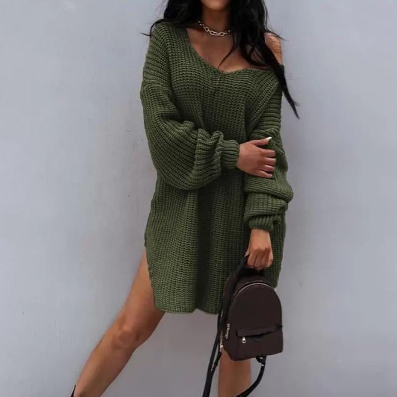 Women'S Slit Hem Drop Shoulder Sweater, New Autumn and Winter Knitted Top, Can Be Worn as a Skirt, One-Shoulder Sweater, Deep V-Neck Top, Personality Often Women'S Clothing,Engagement Bride Crewneck Sweatshirt