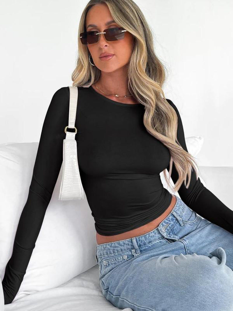 Women'S New Trendy round Neck Long Sleeve Crop Tee, Casual Crew Neck T-Shirt, Summer Outfits 2024, Women'S Slim-Fitting Top for Band Club Music Festival Dating Daily Wear