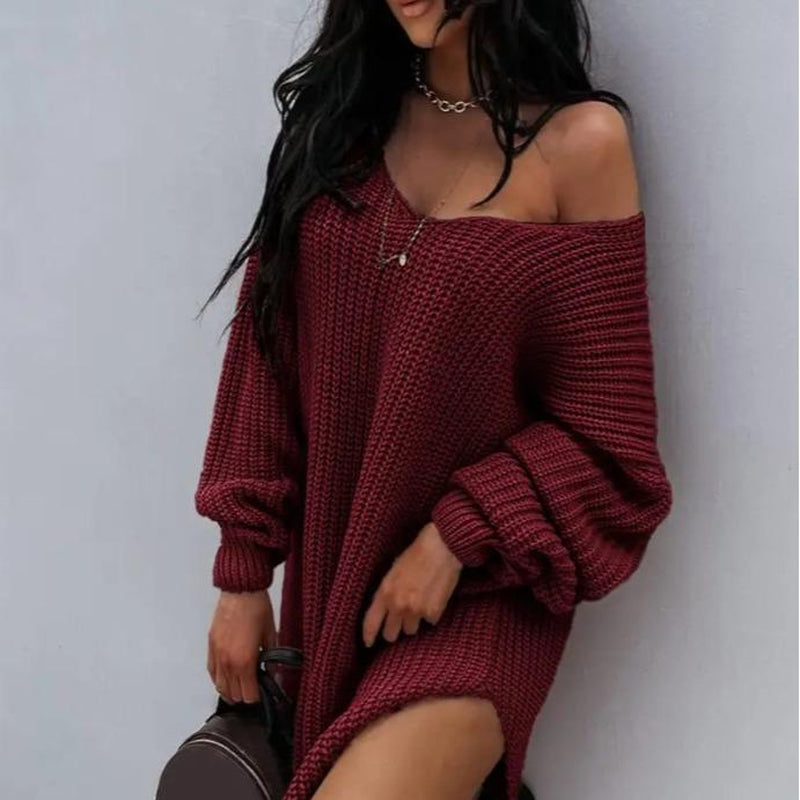 Women'S Slit Hem Drop Shoulder Sweater, New Autumn and Winter Knitted Top, Can Be Worn as a Skirt, One-Shoulder Sweater, Deep V-Neck Top, Personality Often Women'S Clothing,Engagement Bride Crewneck Sweatshirt