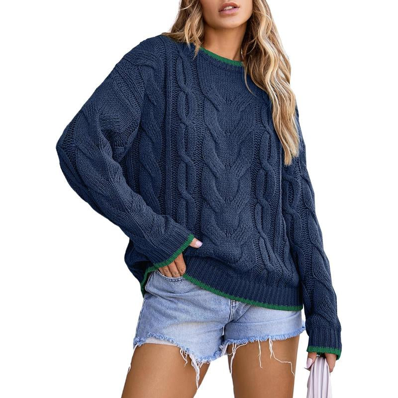 EVALESS Women'S Chunky Cable Knitwear Sweaters,Crewneck Long Sleeve Solid Color Pullover Sweater,Lady Casual Loose Fit Sweater Fall Winter Outfits,2025 Fashion Womenswear