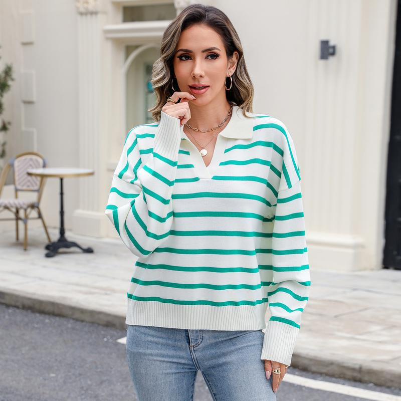 Women'S Knitting Pullovers Striped Casual Comfort Basic Long Sleeve V-Neck Sweater, Chic Lady Basic Comfort Versatile Knitwear for Daily Wear