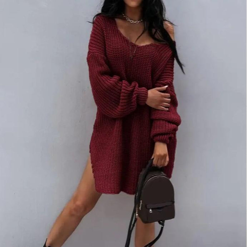 Women'S Slit Hem Drop Shoulder Sweater, New Autumn and Winter Knitted Top, Can Be Worn as a Skirt, One-Shoulder Sweater, Deep V-Neck Top, Personality Often Women'S Clothing,Engagement Bride Crewneck Sweatshirt