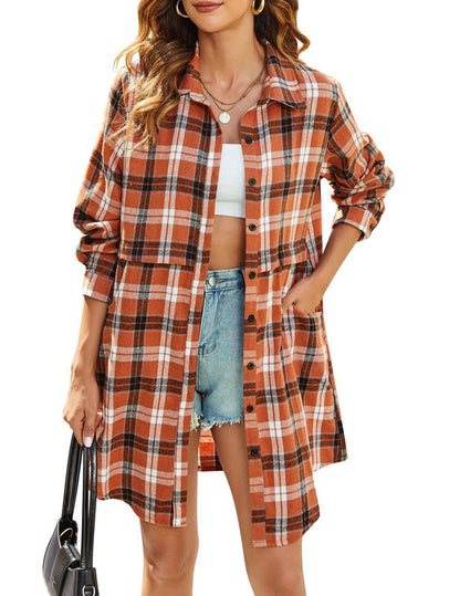HOTOUCH Womens Flannel Plaid Shirts Roll up Long Sleeve Collared Button down Boyfriend Shirts with Pockets Blouse Casual Cotton Top Womenswear Check Dress Elegant Lightweight Loose