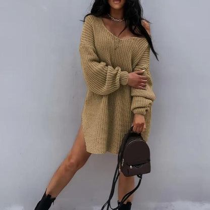 Women'S Slit Hem Drop Shoulder Sweater, New Autumn and Winter Knitted Top, Can Be Worn as a Skirt, One-Shoulder Sweater, Deep V-Neck Top, Personality Often Women'S Clothing，Engagement Bride Crewneck Sweatshirt