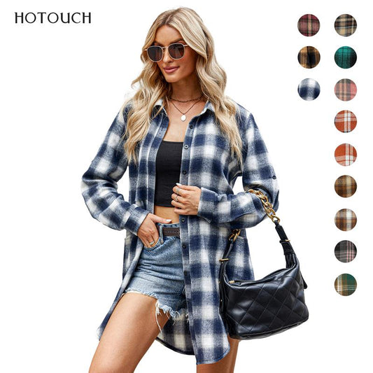 HOTOUCH Womens Flannel Plaid Shirts Roll up Long Sleeve Collared Button down Boyfriend Shirts with Pockets Blouse Casual Cotton Top Womenswear Check Dress Elegant Lightweight Loose