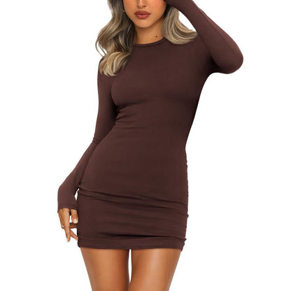 BTFBM Women'S Fall Fashion 2025 Long Sleeve Boat Neck Mini Dress - Slim Fit Bodycon Dresses for Casual Wear - Womenswear