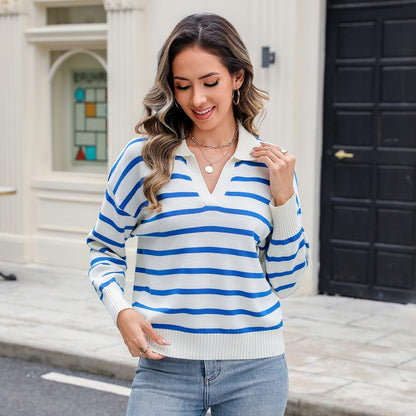 Women'S Knitting Pullovers Striped Casual Comfort Basic Long Sleeve V-Neck Sweater, Chic Lady Basic Comfort Versatile Knitwear for Daily Wear