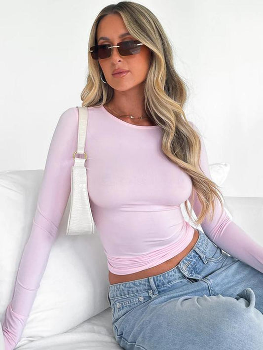 Women'S New Trendy round Neck Long Sleeve Crop Tee, Casual Crew Neck T-Shirt, Summer Outfits 2024, Women'S Slim-Fitting Top for Band Club Music Festival Dating Daily Wear